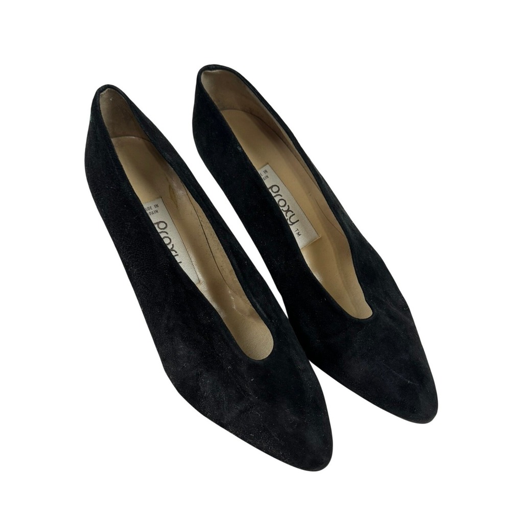Proxy Black Suede Pointed Toe Pumps Floral Embossed Heel Made in Spain 8.5M